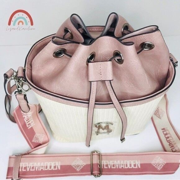 New! Steve Madden Bucket Straw Faux Leather Blush Pink Bohemian Beach TikTok Bag - Picture 4 of 11